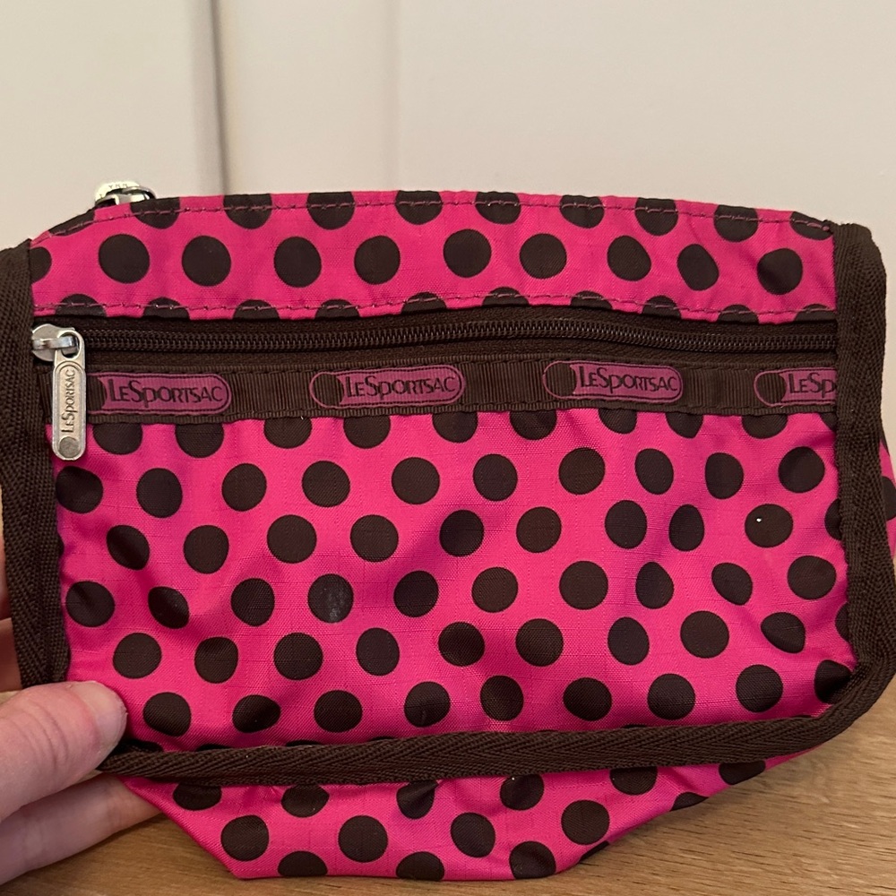 LeSportsac Fuchsia Pink and Brown Dot Pouch - Picture 2 of 3